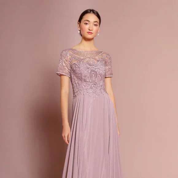NEW LONG CHIFFON A-LINE DRESS WITH CAP SLEEVES EMBROIDERED WITH LACE GL2683 - Picture 7 of 13